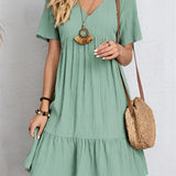 Light green pleated midi dress with short sleeves, shown in size 3XL, featuring a casual summer style.