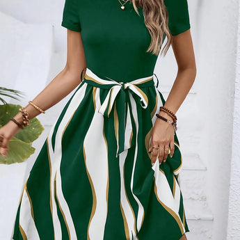 A casual summer green striped belted flare dress with short sleeves, shown in size 2XL.