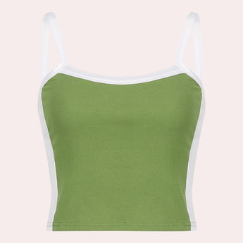 Women's green and white racerback yoga tank, designed for moisture-wicking performance, shown on a mannequin with a focus on activewear styling and comfortable fit.