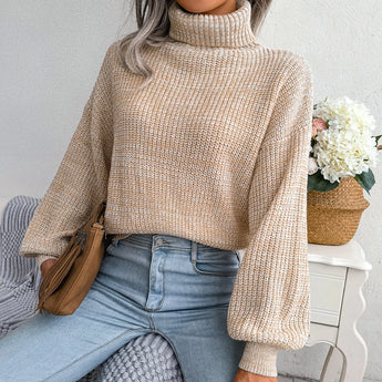 Green women's chunky cable knit high-neck wool sweater in apricot, featuring long sleeves and a textured design suitable for cold weather.
