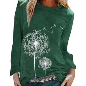 Green Women's Dandelion Print Long Sleeve Casual Top
