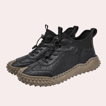Grey high-top outdoor sneakers with black accents in size 47, designed for anti-slip performance and shock absorption, suitable for walking, hiking, and sports activities.