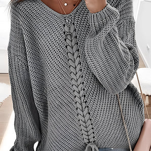 Grey Oversized V-Neck Lace-Up Knit Sweater - Fall Fashion