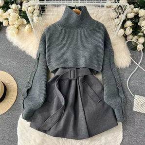 Grey Wool Belted Turtleneck Dress - Winter Fashion