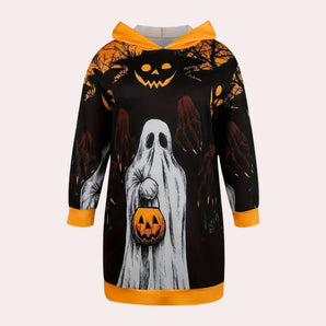 Halloween-themed hoodie dress featuring a ghost print and spooky graphics, showcasing a long sleeve design with a hood and a comfortable sweatshirt style.