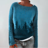 
A cozy handmade blue mohair sweater featuring a forest print, designed for winter wear. This 5XL sweater highlights a mix of azure and grey tones, with a comfortable neck and collar design, and long sleeves for added warmth.