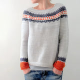 Handmade mohair sweater featuring a forest print, shown in light gray, 5XL size. The cozy winter knit sweater displays distinct blue and white patterns, with long sleeves and a high neck for added warmth.