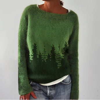 Handmade blue mohair sweater with a forest print, featuring long sleeves and a cozy fit. The sweater is green in this variant and sized 5XL, perfect for winter wear.