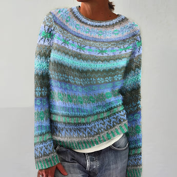 Handmade women's multicolor wool sweater in shades of blue and green, featuring a knit pattern with a collar and long sleeves, available in size 3XL.