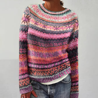 Handmade women's wool sweater in a mix of blue, green, grey, and magenta colors, featuring a unique pattern with a collar and long sleeves, available in size 3XL.