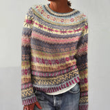 Handmade multicolor wool sweater for women featuring blue and green knit patterns, designed as a pullover. The sweater has a cozy collar and long sleeves, showcasing intricate woolen craftsmanship in a blend of colors suitable for creative and stylish outerwear.