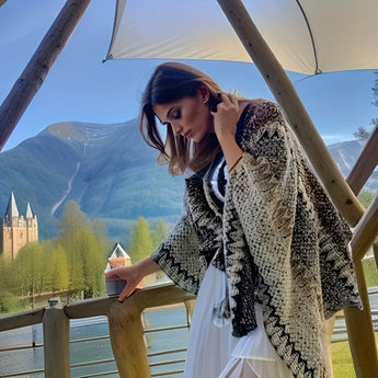 A person wearing a handmade woolen Bohemian poncho in a colorful design with predominantly gray shades, standing outdoors under a clear sky, enjoying the morning sunlight with a joyful expression.