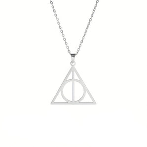 Harry Potter Silver Deathly Hallows Pendant Necklace featuring a triangular and circular design, symbolizing the iconic Deathly Hallows from the Wizarding World, crafted in silver.