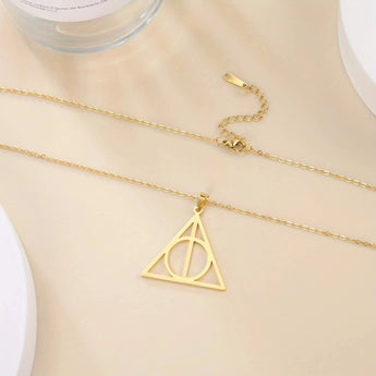 Harry Potter Silver Deathly Hallows Pendant Necklace featuring a wizarding charm with a triangle symbol and a circle, designed as a stylish fashion accessory.