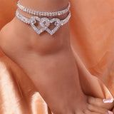 Heart-Shaped Diamond Bridal Anklet with Double Chain - Elegant Wedding Foot Jewelry featuring heart-shaped charms.