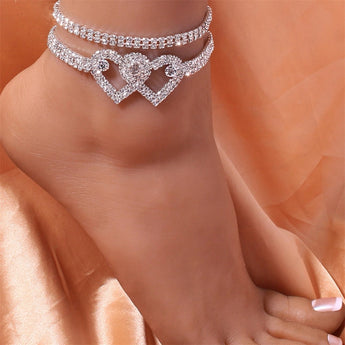 Heart-Shaped Diamond Bridal Anklet with Double Chain - Elegant Wedding Foot Jewelry featuring heart-shaped charms.