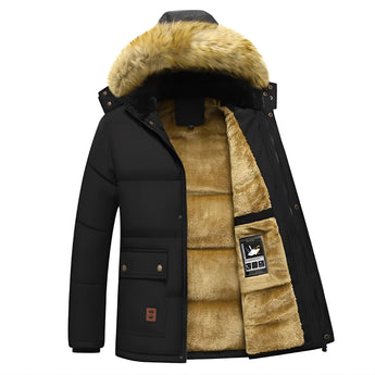 Heated men's insulated parka with a fur hood, featuring a flame-resistant design in a beige color. The winter jacket includes a collar and long sleeves.