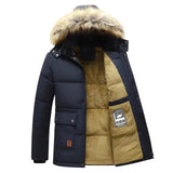Heated Men's Insulated Parka with Fur Hood in Blu Navy; Flame Resistant Winter Jacket, size 5XL, showcasing a durable coat with sleeves, fur-trimmed collar, and integrated pockets.