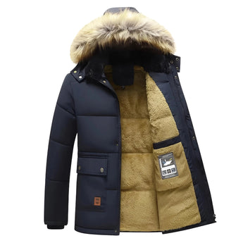 Heated Men's Insulated Parka with Fur Hood in Blu Navy; Flame Resistant Winter Jacket, size 5XL, showcasing a durable coat with sleeves, fur-trimmed collar, and integrated pockets.