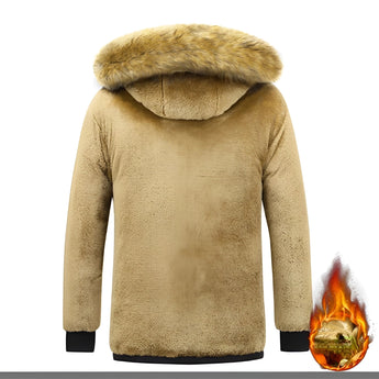 Heated men's insulated parka with a fur-lined hood, flame-resistant material, showcasing its protective shoulder and neck design, and featuring long sleeves.