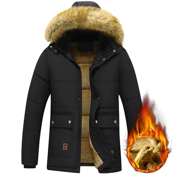 Heated men's insulated parka featuring a fur-lined hood, flame-resistant material, and designed for winter wear with a focus on warmth and safety.