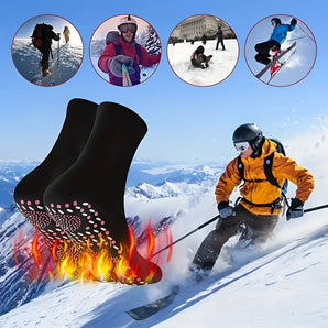 Heated ski socks designed for thermal warmth during winter sports, featuring a rechargeable function for extended use on snowy slopes.