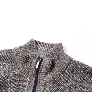 Heavyweight multi-color high-neck knit sweater for men with long sleeves and a patterned design, featuring shades of grey and electric blue.