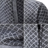 Herringbone gray wool blend zip-up jacket featuring a sleek design with long sleeves, showcasing a stylish black and gray pattern.
