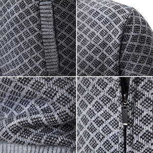 Herringbone gray wool blend zip-up jacket featuring a sleek design with long sleeves, showcasing a stylish black and gray pattern.
