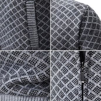 Herringbone gray wool blend zip-up jacket featuring a sleek design with long sleeves, showcasing a stylish black and gray pattern.