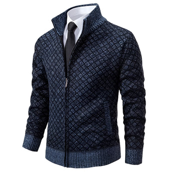 Gray herringbone wool blend zip-up jacket featuring a designer style with a plaid pattern, complemented by a collar and long sleeves.