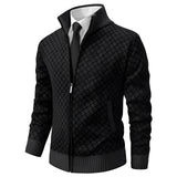 Gray herringbone wool blend zip-up jacket with a designer look, featuring a high collar and long sleeves. The jacket displays a subtle plaid pattern, providing a stylish and elegant appearance.