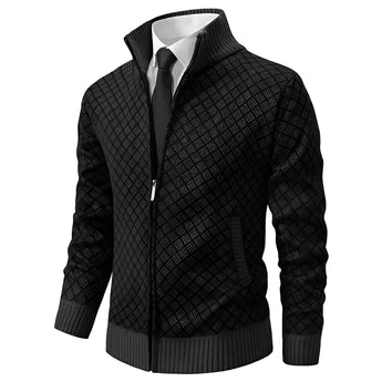 Gray herringbone wool blend zip-up jacket with a designer look, featuring a high collar and long sleeves. The jacket displays a subtle plaid pattern, providing a stylish and elegant appearance.