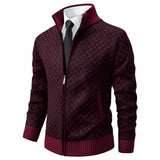 Grey herringbone wool blend zip-up jacket with a designer cut, featuring a sleek collar and long sleeves. The jacket showcases a subtle plaid pattern, combining elements of a coat and blazer style.