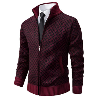Grey herringbone wool blend zip-up jacket with a designer cut, featuring a sleek collar and long sleeves. The jacket showcases a subtle plaid pattern, combining elements of a coat and blazer style.