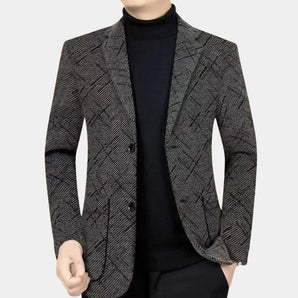 Men's double-breasted tweed blazer in gray, featuring a herringbone pattern, formal collar, and long sleeves, size 4XL.