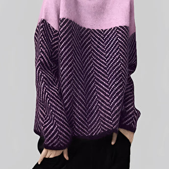 A women's oversized wool blend sweater in purple with a high-neck and chevron pattern, showcasing long sleeves and a tailored fit for winter fashion.