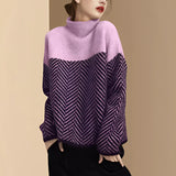 Purple high-neck wool sweater with chevron pattern, featuring long sleeves and luxurious knitwear design, displayed on a mannequin.