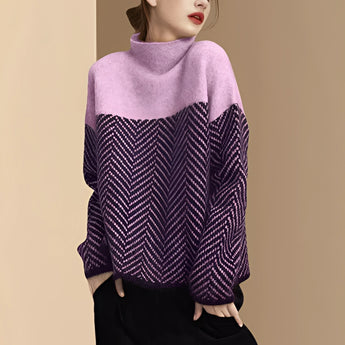 Purple high-neck wool sweater with chevron pattern, featuring long sleeves and luxurious knitwear design, displayed on a mannequin.