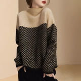 Khaki high-neck chevron pattern wool sweater featuring long sleeves and a luxurious knit design.