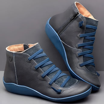 High-top brown leather sneakers featuring a zipper and lace-up design, accented with electric blue details, displayed in size 46.