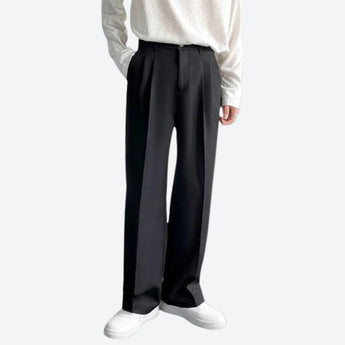 High-waist ivory wool men's dress trousers, shown in black, featuring a luxury formal winter design.