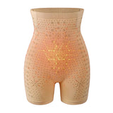 Beige high-waist trainer panty for slimming shapewear, providing tummy and thigh control, modeled on a human body.