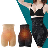 Woman wearing high-waist trainer panty slimming shapewear, showcasing tummy and thigh control features.
