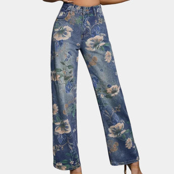 High waist vintage floral denim jeans in electric blue, featuring a boho wide leg style for women, available in size XL.