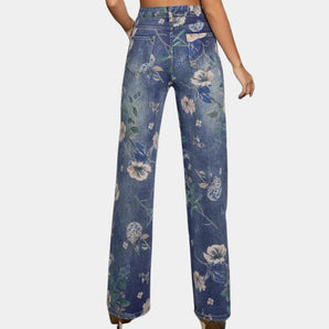 High waist vintage floral denim jeans with a boho wide leg design for women.