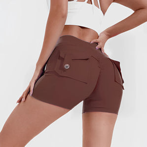 High-waist women's brown workout shorts in size XL designed for durability and moisture-wicking, focusing on the waist and thigh areas.