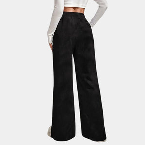 High-waisted black corduroy wide-leg pants for women's fall fashion, showcasing a stylish and comfortable design ideal for cooler weather.