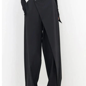 High-waisted black wide-leg trousers for women, designed as formal pants.