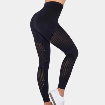 High-waisted black geometric yoga pants in XL, featuring a breathable and stretchable design, suitable for activewear and sportswear activities.
